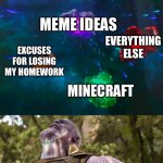 Avengers Infinity Stones Thanos | CURSED IMAGES FROM THE INTERNET I CAN’T GET OUT OF MY MIND; FREE TIME; MEME IDEAS; EVERYTHING ELSE; EXCUSES FOR LOSING MY HOMEWORK; MINECRAFT; MY DECAYING POPULATION OF BRAIN CELLS | image tagged in avengers infinity stones thanos,memes,thanos,minecraft,internet,meme ideas | made w/ Imgflip meme maker