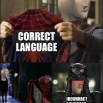 Stonks’ favourite Suit/Language | CORRECT LANGUAGE; INCORRECT LANGUAGE | image tagged in spider-mans suits | made w/ Imgflip meme maker