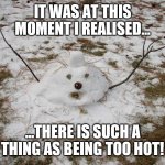 Too hot | IT WAS AT THIS MOMENT I REALISED... ...THERE IS SUCH A THING AS BEING TOO HOT! | image tagged in melted snowman,melting,too hot | made w/ Imgflip meme maker