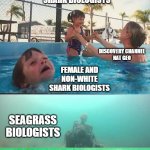 Drowning marine biologists | WHITE MALE SHARK BIOLOGISTS; DISCOVERY CHANNEL
NAT GEO; FEMALE AND NON-WHITE SHARK BIOLOGISTS; SEAGRASS BIOLOGISTS | image tagged in drowning kid and skeleton | made w/ Imgflip meme maker