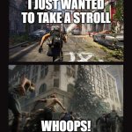 Where are you? Oh.....WTF?! | I JUST WANTED TO TAKE A STROLL; WHOOPS! | image tagged in where are you ohwtf | made w/ Imgflip meme maker