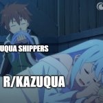 Visit and subscribe to r/Kazuqua in Reddit | KAZUQUA SHIPPERS; R/KAZUQUA | image tagged in kazuma sniffing aqua's hair,reddit,konosuba,advertising,advertisement | made w/ Imgflip meme maker