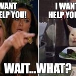 I want to help you! | I WANT TO HELP YOU TOO! I WANT TO HELP YOU! WAIT...WHAT? | image tagged in girls vs cat,helping,mutual aid,helping not yelling,wait what | made w/ Imgflip meme maker