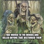 I can relate | THE OLDER I GET, THE MORE I SIDE WITH FAIRY TALE WITCHES; THAT MOVED TO THE WOODS AND KILLED ANYONE THAT DISTURBED THEM | image tagged in witches,woods,people,alone,memes,murder | made w/ Imgflip meme maker