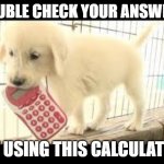 puppy math | DOUBLE CHECK YOUR ANSWERS; BY USING THIS CALCULATOR | image tagged in puppy math | made w/ Imgflip meme maker