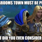 frozen throne memes #2 | THIS BROOMS TOWN MUST BE PURGED; WHAT DID YOU EVEN CONSIDER THAT | image tagged in warcraft iii arthas uther,robocar poli memes | made w/ Imgflip meme maker