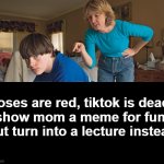 Angry Mom | Roses are red, tiktok is dead,
i show mom a meme for fun
but turn into a lecture instead | image tagged in angry mom | made w/ Imgflip meme maker