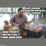 Disney waiting to make Namor movie | JAMES CAMEROON DEVELOPING NEW UNDERWATER MOCAP TECHNOLOGY; DISNEY PATIENTLY WAITING TO USE IT TO MAKE NAMOR MOVIE | image tagged in dog waiting for bbq | made w/ Imgflip meme maker