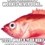 A Red Herring's work is never done | A RED HERRING'S WORK IS NEVER DONE... "2020, WHAT A YEAR HEH? I NEED A VACATION!" | image tagged in red herring,diversion,fake news,hyperbole,hype,look over there | made w/ Imgflip meme maker