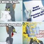 Machine Learning Memes (MLM) | Model Metrics      Precision 90% Recall 65%; After WEEKS of R&D... Deployed in Production; USER ADOPTION | image tagged in tom and jerry pie | made w/ Imgflip meme maker