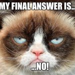 Grumpy Cat Not Amused Meme | MY FINAL ANSWER IS... ...NO! | image tagged in memes,grumpy cat not amused,grumpy cat | made w/ Imgflip meme maker