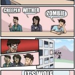 Boardroom Meeting Suggestion 3 | WHO'S THE BEST MINECRAFT MOB? CREEPER; WITHER; ZOMBIE; IT'S WOLF | image tagged in boardroom meeting suggestion 3,minecraft,creeper | made w/ Imgflip meme maker