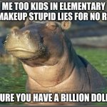 Really | ME TOO KIDS IN ELEMENTARY THAT MAKEUP STUPID LIES FOR NO REASON; YOU SURE YOU HAVE A BILLION DOLLARS? | image tagged in skeptical hippo | made w/ Imgflip meme maker