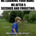 who are you again | ME LEARNING YOUR NAME:; ME AFTER 5 SECONDS AND FORGETING: | image tagged in wait a minute who are you | made w/ Imgflip meme maker