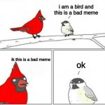 oof this meme ._________________________________________________________________________________________. | i am a bird and this is a bad meme; ik this is a bad meme; ok | image tagged in whoa bird | made w/ Imgflip meme maker