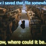 Raiders of the Lost Ark Warehouse | I know I saved that file somewhere... now, where could it be... | image tagged in raiders of the lost ark warehouse | made w/ Imgflip meme maker