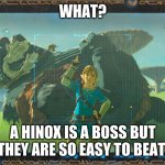 link botw | WHAT? A HINOX IS A BOSS BUT THEY ARE SO EASY TO BEAT. | image tagged in link botw | made w/ Imgflip meme maker