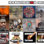 Updates will be available on Imgflip.com | END; FORECAST; NOVEMBER; OCTOBER; DECEMBER; SEPTEMBER; HALLOWEEP; ASTEROID; CORONA VIRUS: SEASON 2; ALIENS | image tagged in 2020,imgflip,disaster calendar | made w/ Imgflip meme maker