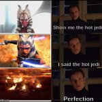 Show me the real hot jedi | Show me the hot jedi; I said the hot jedi; Perfection | image tagged in show me the real _____ | made w/ Imgflip meme maker