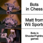 Matt was too difficult to defeat.... | Bots in Chess; Matt from Wii Sports; Bots in Shooter/Fighting games | image tagged in bugs bunny muscle evolution,dank memes,memes,funny,wii,funny memes | made w/ Imgflip meme maker