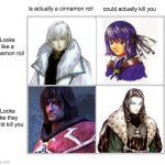 Yet another meme about Castlevania Dracula(s) | is actually a cinnamon roll; could actually kill you; Looks like a cinnamon roll; Looks like they could kill you | image tagged in cinnamon roll,castlevania | made w/ Imgflip meme maker