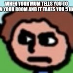 Annoyed | WHEN YOUR MUM TELLS YOU TO CLEAN YOUR ROOM AND IT TAKES YOU 5 HOURS | image tagged in annoyed | made w/ Imgflip meme maker
