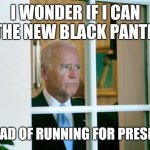 Black panther | I WONDER IF I CAN BE THE NEW BLACK PANTHER; INSTEAD OF RUNNING FOR PRESIDENT | image tagged in biden window | made w/ Imgflip meme maker