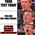 When you are lucky, But not your luck | YOUR TEST TODAY; YOU CAN USE YOUR PHONES; BY THE WAY, OUR SCHOOL INTERNET IS UNDER MAINTENANCE | image tagged in wwe,exam | made w/ Imgflip meme maker