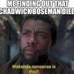 R.I.P. Chadwick Boseman. WAKANDA FOREVER | ME FINDING OUT THAT CHADWICK BOSEMAN DIED: | image tagged in wakanda nonsense is this,memes,rip,sadness,black panther,wakanda forever | made w/ Imgflip meme maker