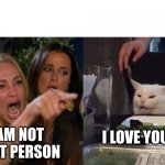 I am not a cat person | I LOVE YOU TOO; I AM NOT A CAT PERSON | image tagged in cat yelling | made w/ Imgflip meme maker