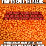 We all did stupid or gross stuff | TIME TO SPILL THE BEANS... WHEN I WAS YOUNGER - I COUGHED AND SENT A LUNG ROCKET RIGHT INTO THE TOP OF THE LID OF MY DADS TOOLBOX. HOWEVER MANY YEARS LATER - I SAW THE DRIED CRACKED REMAINS STILL THERE. | image tagged in beans | made w/ Imgflip meme maker