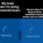 Restarting | My brain when I'm doing homework/exam; My arm when I'm about to throw basketball shot that arrives once in a lifetime; u/KMSyahid123
Haha copyright | image tagged in restarting | made w/ Imgflip meme maker