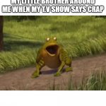 Shrek frog screaming | MY LITTLE BROTHER AROUND ME WHEN MY T.V SHOW SAYS CRAP | image tagged in shrek frog screaming | made w/ Imgflip meme maker