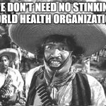 We don't need no stinking world health organization! | WE DON'T NEED NO STINKING WORLD HEALTH ORGANIZATION! | image tagged in we don't need no stinking | made w/ Imgflip meme maker