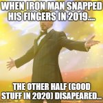 Robert Downey Jr Iron Man | WHEN IRON MAN SNAPPED HIS FINGERS IN 2019.... THE OTHER HALF (GOOD STUFF IN 2020) DISAPEARED... | image tagged in robert downey jr iron man | made w/ Imgflip meme maker