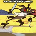 Coyote Scrambled Aches | WYLIE AFTER HE DRIES HIS UTENSILS | image tagged in coyote scrambled aches | made w/ Imgflip meme maker