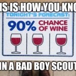 Wine | THIS IS HOW YOU KNOW; YOU ARE IN A BAD BOY SCOUTS TROOP | image tagged in wine | made w/ Imgflip meme maker