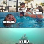 Drowning kid in pool | MY YOUNGER BROTHER; MY PARENTS; MY GRADES; MY SELF ESTEEM ISSUES | image tagged in drowning kid in pool,self esteem,siblings,grades,skeleton | made w/ Imgflip meme maker