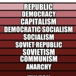 Politician Levels Of Hell | REPUBLIC; DEMOCRACY; CAPITALISM; DEMOCRATIC SOCIALISM; SOCIALISM; SOVIETISM; SOVIET REPUBLIC; COMMUNISM; ANARCHY; TIK TOK | image tagged in levels of hell,tik tok | made w/ Imgflip meme maker