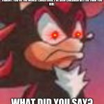 kids and parents | KID: *MISBEHAVES*
PARENT: YOU'RE THE WORST CHILD EVER. I'VE SEEN CHILDREN BETTER THAN YOU
KID:; WHAT DID YOU SAY? | image tagged in shadow the hedgehog | made w/ Imgflip meme maker