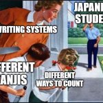Japanese Student | JAPANESE STUDENT; 3 WRITING SYSTEMS; DIFFERENT KANJIS; DIFFERENT WAYS TO COUNT | image tagged in family with knives | made w/ Imgflip meme maker