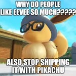 they are way cuter pokemon than boring old eevee | WHY DO PEOPLE LIKE EEVEE SO MUCH????? ALSO STOP SHIPPING IT WITH PIKACHU | image tagged in eevee,pokemon | made w/ Imgflip meme maker