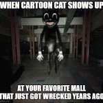 It's cartoon cat! | WHEN CARTOON CAT SHOWS UP AT YOUR FAVORITE MALL THAT JUST GOT WRECKED YEARS AGO | image tagged in cartoon cat | made w/ Imgflip meme maker