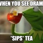 kirmit the frog | WHEN YOU SEE DRAMA; *SIPS* TEA | image tagged in kirmit the frog | made w/ Imgflip meme maker