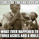 Pensive Colored Sharecropper | DESIRES OF THE FREED PEOPLE; WHAT EVER HAPPENED TO MY THREE ACRES AND A MULE??? | image tagged in pensive colored sharecropper | made w/ Imgflip meme maker