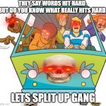Scooby Doo Meme | THEY SAY WORDS HIT HARD
BUT DO YOU KNOW WHAT REALLY HITS HARD; LETS SPLIT UP GANG | image tagged in memes,scooby doo | made w/ Imgflip meme maker