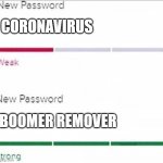 There are no title | CORONAVIRUS; BOOMER REMOVER | image tagged in password strength | made w/ Imgflip meme maker