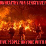 California Fires | AIR IS UNHEALTHY FOR SENSITIVE PEOPLE; SENSITIVE PEOPLE: ANYONE WITH A FACE | image tagged in california fires | made w/ Imgflip meme maker
