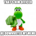 Pointing Yoshi | THAT'S HIM OFFICER; HE DOWNVOTED MY MEME | image tagged in pointing yoshi | made w/ Imgflip meme maker