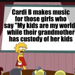 More you know about your culture. | Cardi B makes music for those girls who say "My kids are my world" while their grandmother has custody of her kids | image tagged in lisa simpson presents in hd,pop culture,cardi b,bad music | made w/ Imgflip meme maker